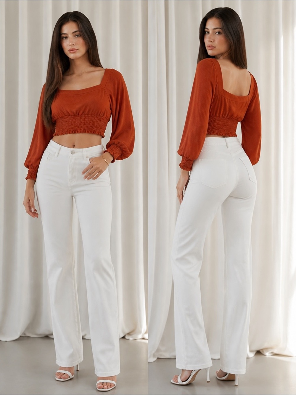 Free people orange smocked long sleeve blouse top size xs